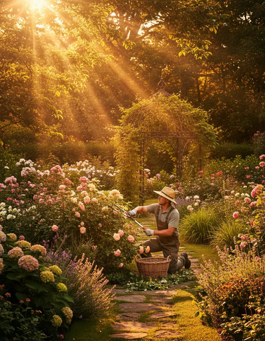 Gepflegter Garten im warmen Abendlicht